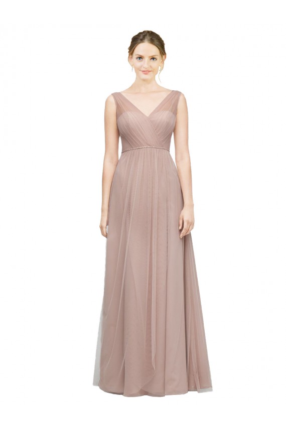 Blush Tulle V-Neck Long Sleeveless Bridesmaid Dress Toowoomba