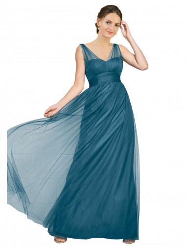V-Back Teal Green Tulle V-Neck Long Sleeveless Bridesmaid Dress Toowoomba