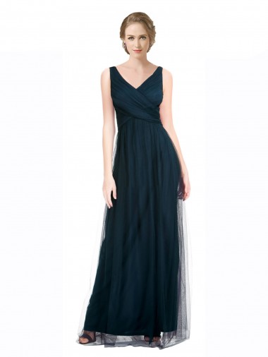Blue Tulle V-Neck Long Sleeveless Bridesmaid Dress Toowoomba