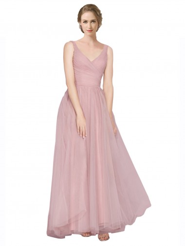 V-Back Pink Tulle V-Neck Long Sleeveless Bridesmaid Dress Toowoomba