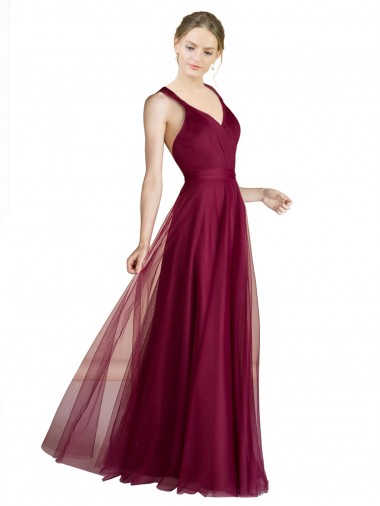 Open Back Tulle V-Neck Long Sleeveless Bridesmaid Dress Toowoomba