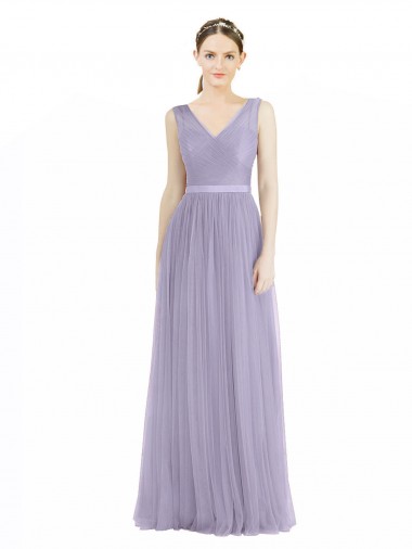 V-Back Lilac Tulle V-Neck Long Sleeveless Bridesmaid Dress Toowoomba