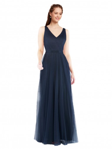 V-Back Dark Navy Tulle V-Neck Long Sleeveless Bridesmaid Dress Toowoomba
