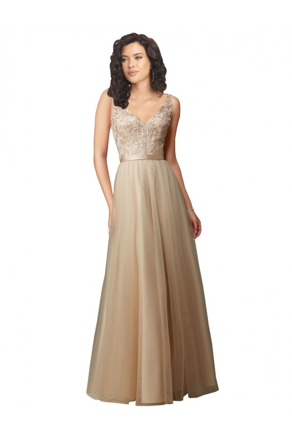 V-Back Tulle & Lace V-Neck Long Sleeveless Bridesmaid Dress Toowoomba