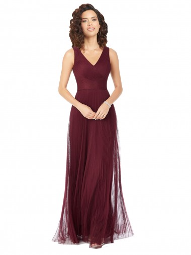 Burgundy Gold Tulle V-Neck Long Sleeveless Bridesmaid Dress Toowoomba
