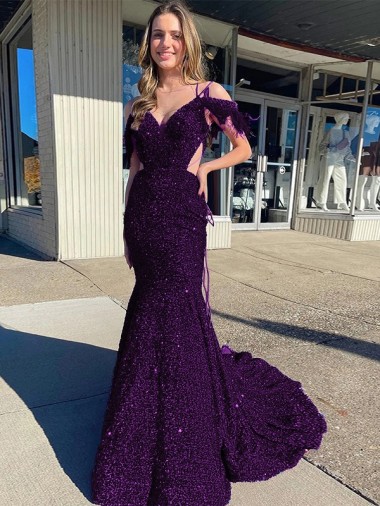 Velvet Sequin Spaghetti Straps Court Train Sleeveless Prom Dress / Evening Dress Toowoomba