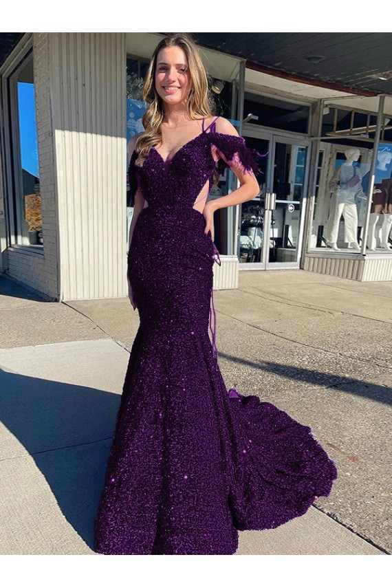 Velvet Sequin Spaghetti Straps Court Train Sleeveless Prom Dress / Evening Dress Toowoomba