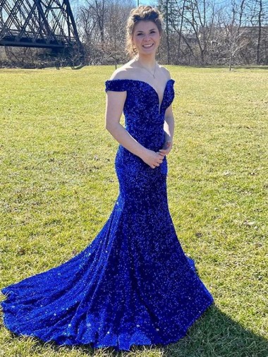 Velvet Sequin Off the Shoulder Sweep Train Sleeveless Prom Dress Toowoomba