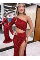 Velvet Sequin One Shoulder Sweep Train Long Sleeves Evening Dress Toowoomba