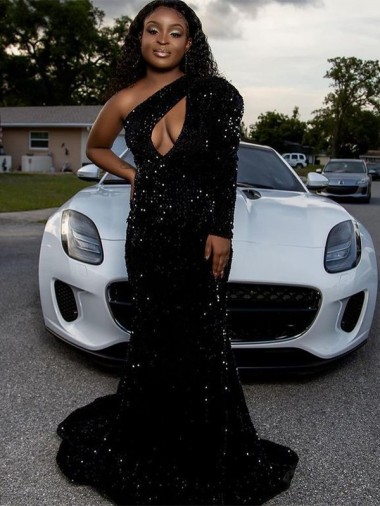 Velvet Sequin One Shoulder Sweep Train Long Sleeves Prom Dress Toowoomba