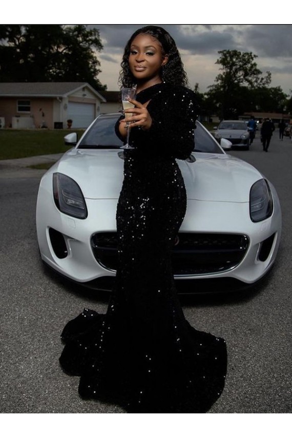 Velvet Sequin One Shoulder Sweep Train Long Sleeves Prom Dress Toowoomba