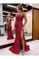 Burgundy Velvet Sequin One Shoulder Sweep Train Sleeveless Evening Dress Toowoomba