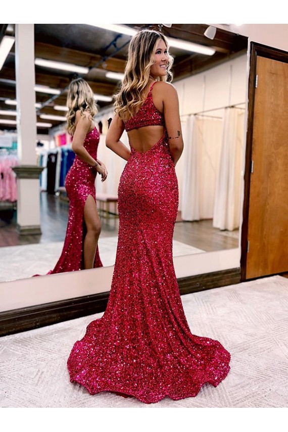 Burgundy Velvet Sequin One Shoulder Sweep Train Sleeveless Evening Dress Toowoomba