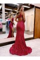 Burgundy Velvet Sequin One Shoulder Sweep Train Sleeveless Evening Dress Toowoomba