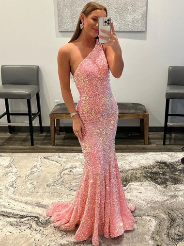 Velvet Sequin One Shoulder Sweep Train Sleeveless Prom Dress Toowoomba