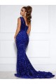 Velvet Sequin One Shoulder Court Train Sleeveless Prom Dress / Evening Dress Toowoomba