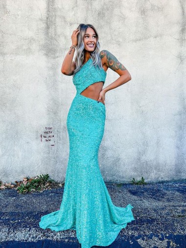 Velvet Sequin One Shoulder Sweep Train Sleeveless Prom Dresses Toowoomba
