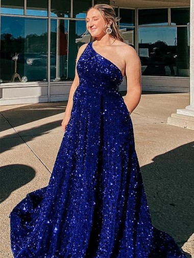 Velvet Sequin One Shoulder Sweep Train Sleeveless Prom Dress / Evening Gown Toowoomba