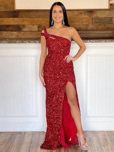 Velvet Sequin One Shoulder Sweep Train Sleeveless Prom Dress Toowoomba