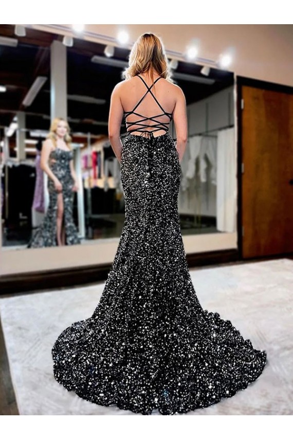 Velvet Sequin Spaghetti Straps Sweep Train Sleeveless Prom Dress Toowoomba