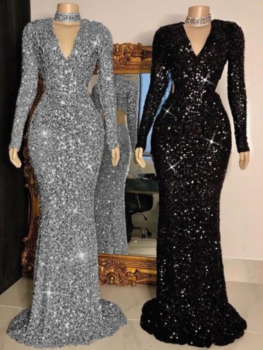 Velvet Sequin V-Neck Sweep Train Long Sleeves Prom Dress Toowoomba