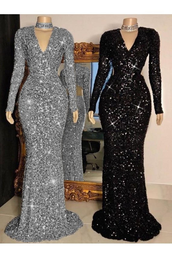 Velvet Sequin V-Neck Sweep Train Long Sleeves Prom Dress Toowoomba