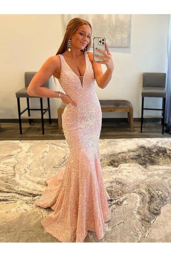 Velvet Sequin V-Neck Sweep Train Sleeveless Evening Dress Toowoomba
