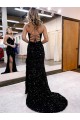 Royal Blue Velvet Sequin V-Neck Sweep Train Sleeveless Evening Dress Toowoomba