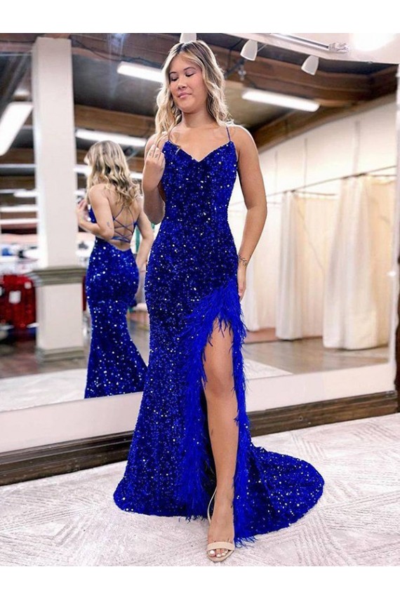 Royal Blue Velvet Sequin V-Neck Sweep Train Sleeveless Evening Dress Toowoomba