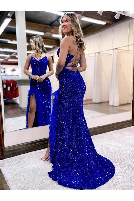 Royal Blue Velvet Sequin V-Neck Sweep Train Sleeveless Evening Dress Toowoomba