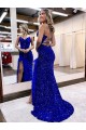 Royal Blue Velvet Sequin V-Neck Sweep Train Sleeveless Evening Dress Toowoomba