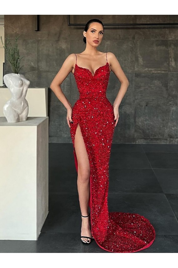 Red Velvet Sequin V-Neck Sweep Train Sleeveless Evening Gown / Prom Dress Toowoomba