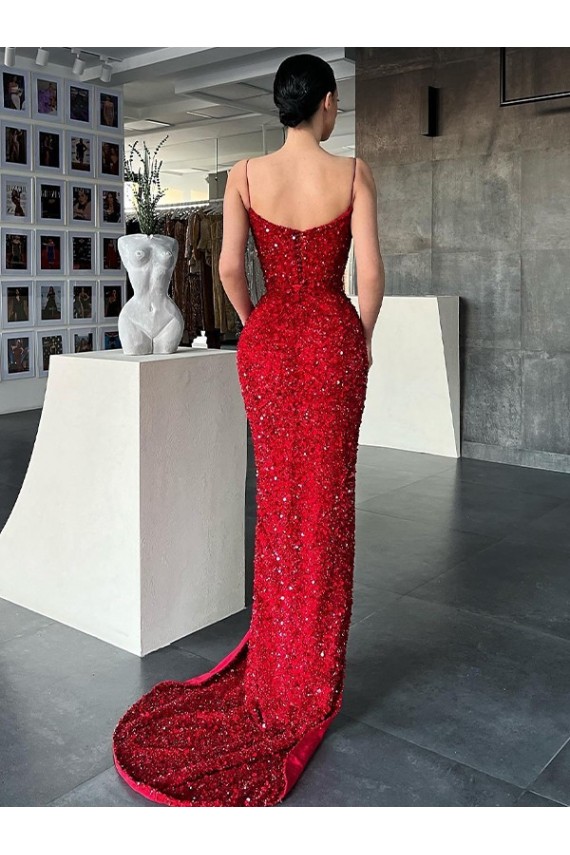Red Velvet Sequin V-Neck Sweep Train Sleeveless Evening Gown / Prom Dress Toowoomba