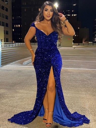 Velvet Sequin V-Neck Sweep Train Sleeveless Dress Toowoomba