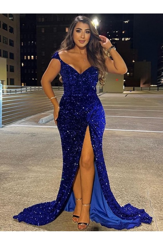 Velvet Sequin V-Neck Sweep Train Sleeveless Dress Toowoomba