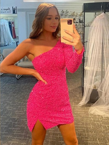 Velvet Sequin One Shoulder Short Long Sleeves Prom Dress / Evening Dress Toowoomba