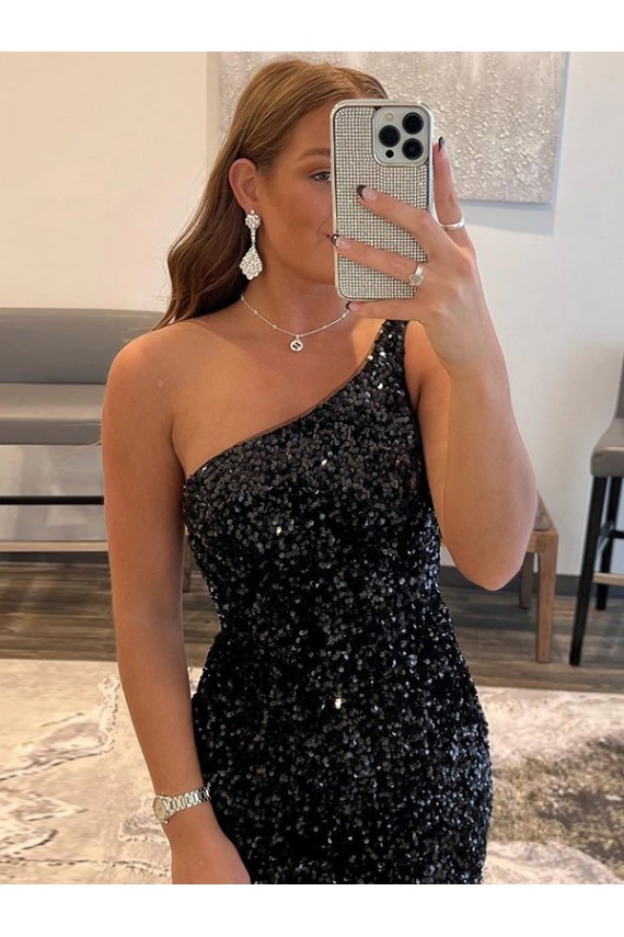 Velvet Sequin One Shoulder Short Sleeveless Prom Dress / Evening Gown Toowoomba