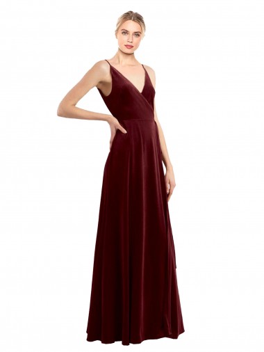 V-Back Burgundy Stretch Velvet V-Neck Long Sleeveless Bridesmaid Dress / Evening Dress Toowoomba