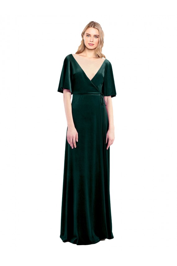 V-Back Dark Green Stretch Velvet V-Neck Long Flutter Sleeves Prom Dress / Bridesmaid Dress Toowoomba