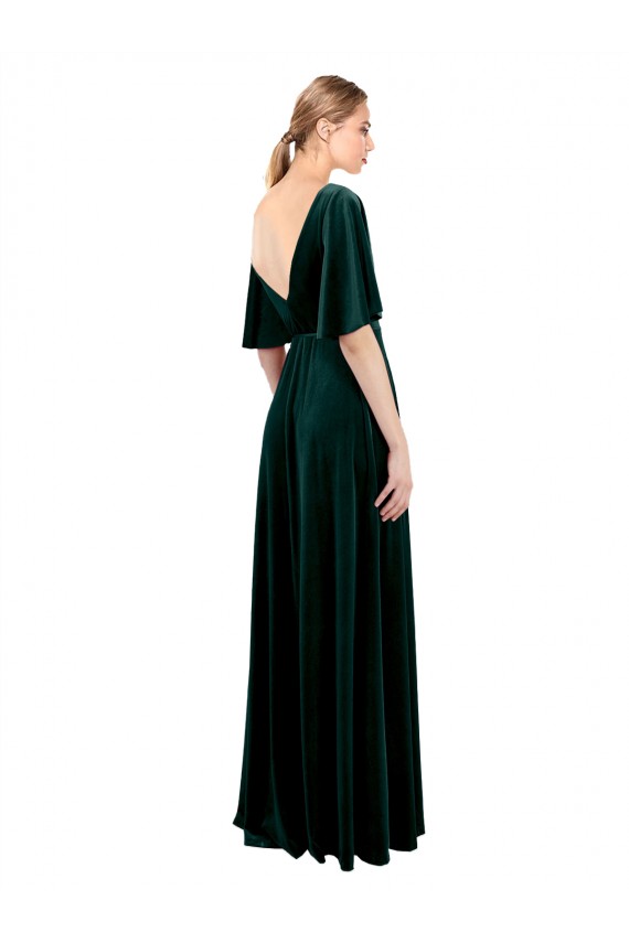 V-Back Dark Green Stretch Velvet V-Neck Long Flutter Sleeves Prom Dress / Bridesmaid Dress Toowoomba