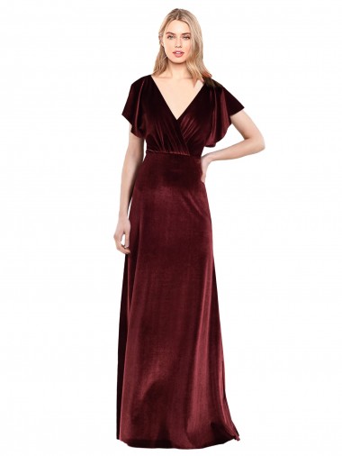 V-Back Burgundy Stretch Velvet V-Neck Long Flutter Sleeves Prom Dress / Bridesmaid Dress Toowoomba