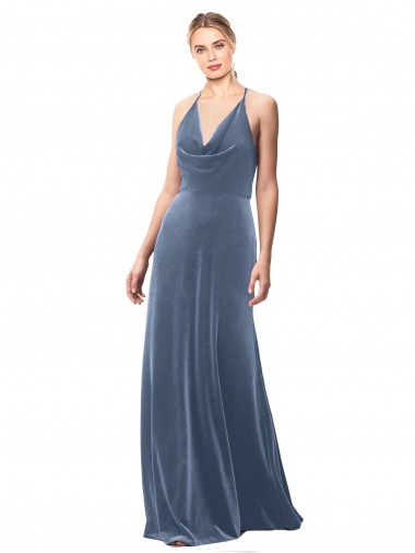Keyhole Back Dusty Blue Stretch Velvet Spaghetti Straps Long Sleeveless Prom Dress / Bridesmaid Dress Toowoomba