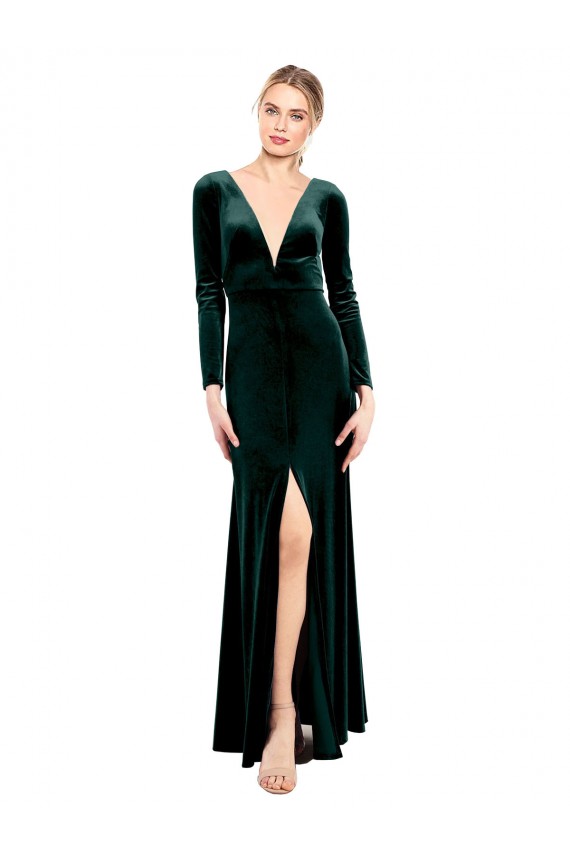 Open Back Stretch Velvet V-Neck Long Long Sleeves Black Tie Prom Dress / Bridesmaid Dress Toowoomba
