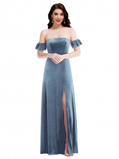 Low Back Stretch Velvet Off the Shoulder Long Ruffle Sleeves Formal Dress / Bridesmaid Dress Toowoomba