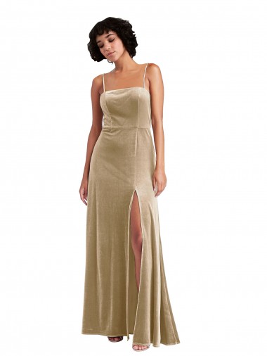 Low Back Champagne Stretch Velvet Square Neck Long Sleeveless Formal Evening Gown / Prom Dress / Bridesmaid Dress Toowoomba