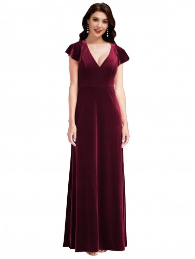 Stretch Velvet V-Neck Long Flutter Sleeves Semi Formal Evening Dress / Prom Dress / Bridesmaid Dress Toowoomba