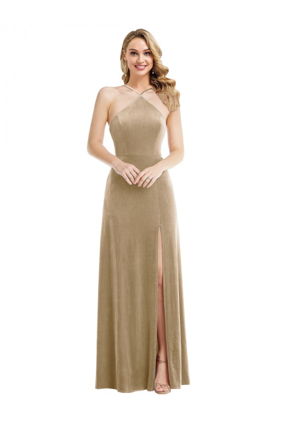 Open Back Stretch Velvet Halter Neck Long Sleeveless Semi Formal Evening Dress / Prom Dress / Bridesmaid Dress Toowoomba