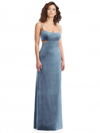 Low Back Dusty Blue Stretch Velvet Square Neck Long Sleeveless Formal Evening Gown / Prom Dress / Bridesmaid Dress Toowoomba