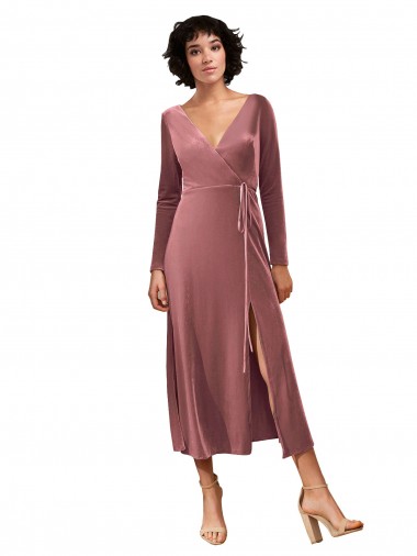 Stretch Velvet V-Neck Midi Length Long Sleeves Black Tie Prom Dress / Bridesmaid Dress Toowoomba