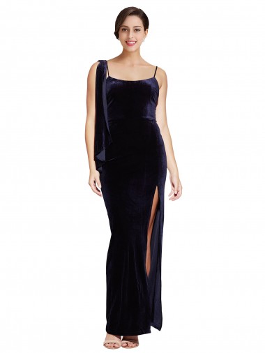Low Back Dark Navy Stretch Velvet Spaghetti Straps Long Sleeveless Formal Evening Gown / Prom Dress / Bridesmaid Dress Toowoomba